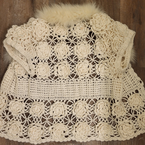 Love Token Crochet Fox Fur Collar Cardigan,Sweater,Jacket Size Large Ivory - Picture 6 of 13